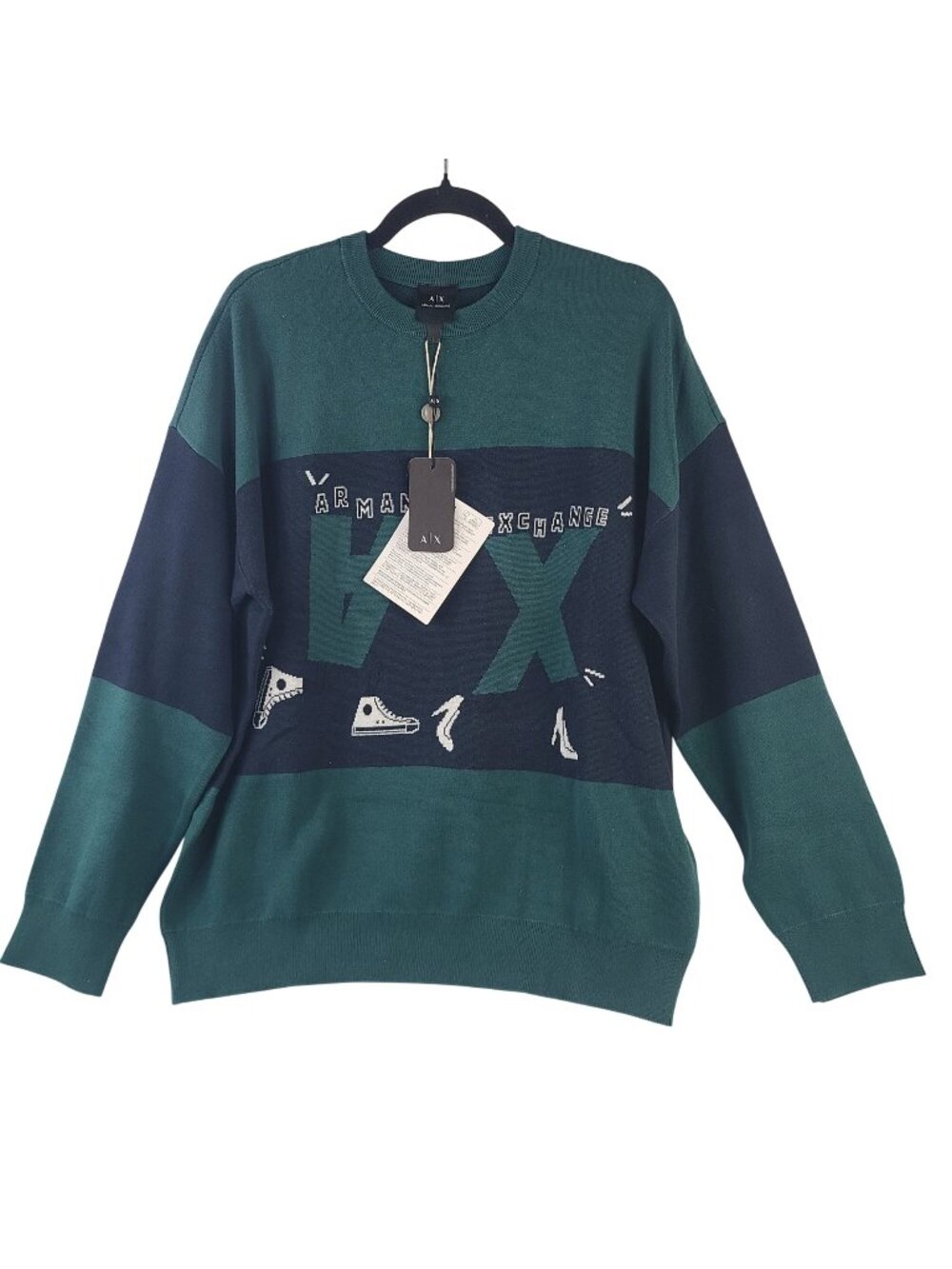 NEW Armani Exchange Navy & Green Graphic Sweater Pullover Sz Large